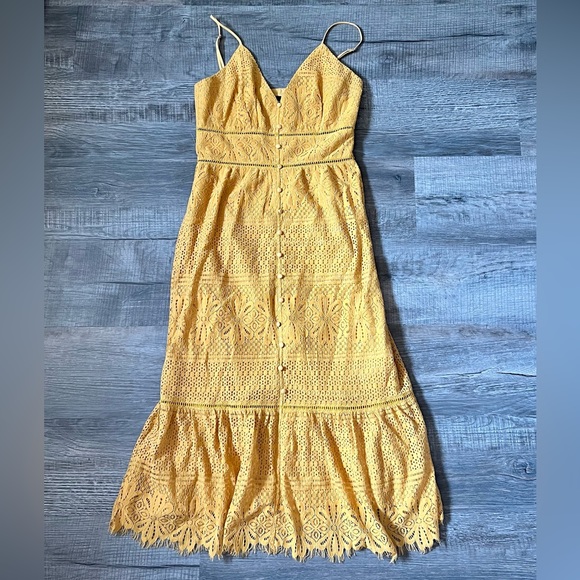 NEW Lulu’s | Robyn Mustard Yellow Lace Button-Up Midi Dress Boho Spanish Small - Picture 6 of 7